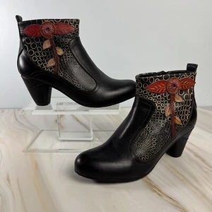 Spring Step L'Artiste Boots Womens Parfum Black Leather Floral Booties Sz 38 / 8 - Picture 1 of 15