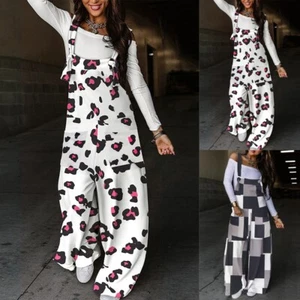 Women Printed Baggy Bib Pants Romper Dungaree Overalls Casual Loose Jumpsuit US - Picture 1 of 10