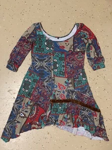 Small Marcia Mello Mini Dress Boho Hippie Green Red Patchwork Batik Asymmetric - Picture 1 of 9