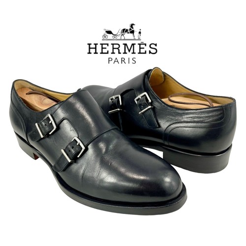 HERMÈS Hermes Scarpe eleganti da uomo 42 (US 9) con cinturino da monaco in pelle nera con fibbie argento