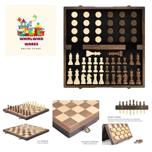 Magnetic Wooden Chess and Checkers Game Set, 15 Inches 2 in 1 Chess Board Gam... - Picture 1 of 10