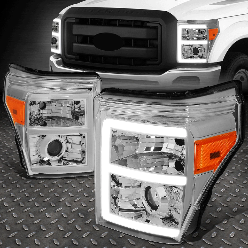 FOR 11-16 FORD F250 F350 SUPER DUTY 3D LED DRL PROJECTOR HEADLIGHT CHROME/AMBER - Image 1 of 4