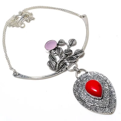 Italiano Corallo Rosso, Calcedonio Gemma 925 Argento Sterling Gioielli Collana - Immagine 1 di 4