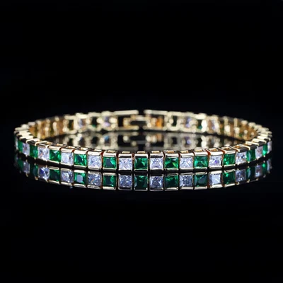 14Ct Lab Created Princess Green Emerald &Diamond Tennis Bracelet 14K Gold Plated - Image 1 of 4