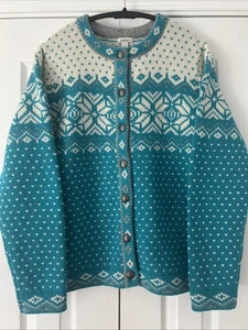 L.L. Bean Sweater Women Large Wool Teal Nordic Fair Isle Snowflake Cardigan EUC - Picture 1 of 11