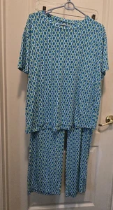  SANCTUARY Woman's  Size Large 2-Pc. Short Sleeve Pajamas Set  Teal Blue Design  - Picture 1 of 7