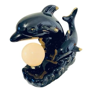MCM  12” TV Lamp Light Table Ceramic Dolphins & Waves Black Gold Art Deco Globe - Picture 1 of 7