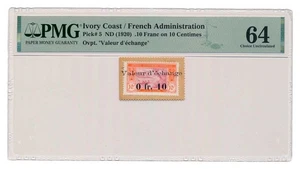 IVORY COAST banknote 0.10 Franc on 10 Centimes 1920 PMG MS 64 Choice Unc - Picture 1 of 7