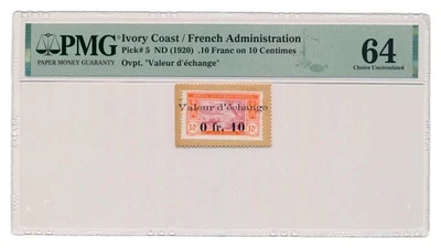 IVORY COAST banknote 0.10 Franc on 10 Centimes 1920 PMG MS 64 Choice Unc - Image 1 of 4