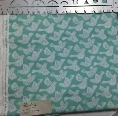 Moda Kate Spain Early Bird Carpe Diem Birds on Aqua Cotton fabric By the Yard - Image 1 of 2