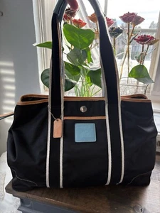 COACH HAMPTONS WEEKEND Expandable TOTE BAG 1895 Vintage Black Blue Tan Large - Picture 1 of 21