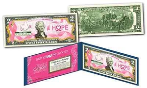 BREAST CANCER AWARENESS Official Legal Tender U.S. $2 Bill - STAND UP 2 CANCER - Picture 1 of 3