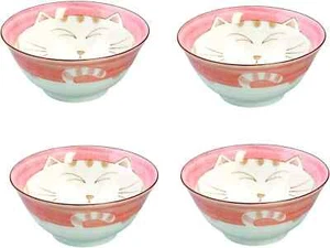 4 Pack Pink 6 inch Porcelain Soup Bowl Maneki Neko Cat Made in Japan - Picture 1 of 1