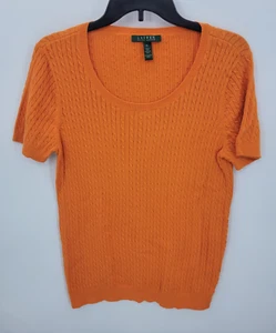 Lauren Ralph Lauren Sweater Womens XL Orange Cable Knit Short Sleeve Scoop Neck - Picture 1 of 9