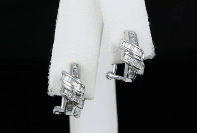 $1,750 14K White Gold Baguette Diamond Omega Back Channel Set Huggie Earrings - Image 1 of 4