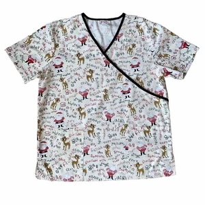 Rudolph The Red Nosed Reindeer SCRUB TOP Shirt M White With Santa Christmas - Picture 1 of 6