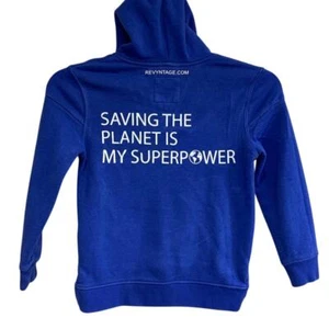 Hand Printed Upcycled Boys Small Saving the Planet is My Superpower Hoodie - Picture 1 of 3