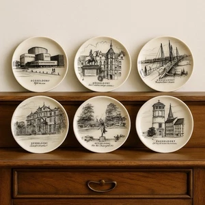 Vintage Uhlenhorst Düsseldorf Germany Landmark Plate Set of 6 Souvenir Coasters - Picture 1 of 9