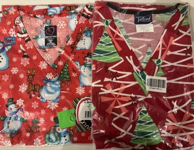 Christmas Scrub Tops XL Snowman Christmas Tree Tafford Peaches  - Image 1 of 4