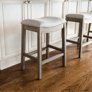 26" Adrien Saddle Counter Stool in Reclaimed Oak with Ash Grey Fabric - Picture 1 of 2