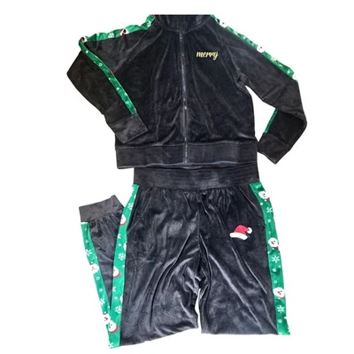 Conjunto de chándal de terciopelo Merry Ho Ho para mujer chaqueta pantalones vacaciones de Navidad L Foto 1 de 4