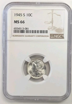 1945 S  Mercury Dime NGC MS-66. VIEW PHOTOS #Z303 - Image 1 of 4