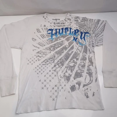 Hurley Men's White and Grey T-shirt Long Sleeve Blue Letters Medium Y2k - Image 1 of 4