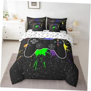Gamer Bedding Set Teens Video Game Gamepad Bed in a Bag Twin Black Green Blue - Picture 1 of 7
