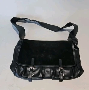 VINTAGE SAGI BLACK  ITALIAN LEATHER AND SUEDE HANDBAG SHOULDER BAG ◇ 10" X 14.5" - Picture 1 of 7