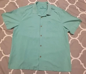 Tommy Bahama Island Zone Silk Blend Mens XXL Short Sleeve Camp Shirt Teal Pocket - Picture 1 of 18