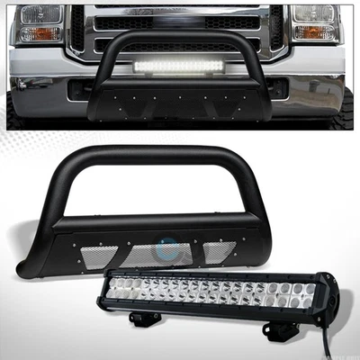 Fits 05-07 Ford F250/F350 Textured Blk Studded Mesh Bull Bar+120W LED Light - Image 1 of 4