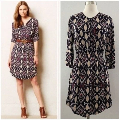 Vestido Camisa Anthropologie Holding Horses Mira Ikat Tribal Geo Colorido Talla 0 Foto 1 de 4