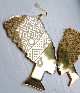 Pendientes acrílicos espejo dorado silueta envoltura cabeza mujer africana - Imagen 1 de 5