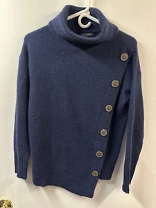 Saks 5th Ave Cashmere Women's Sweater Navy Button Front Asymmetrical Turtleneck - Picture 1 of 6