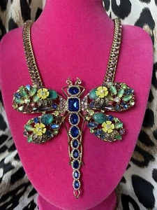 Betsey Johnson Spring Ahead HUGE Dragonfly Teal Purple Flower Rose Necklace RARE - Picture 1 of 6