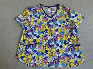 Disney Scrub Top Womens 2XL Medical Nurse Pockets Shirt Mickey Mouse Goofy Pluto - Picture 1 of 7