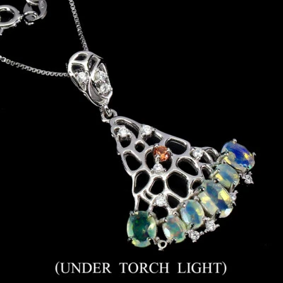 925 Argento Sterling Collana Ovale Opale di Fuoco 6x4mm Arancione Zaffiro Gemma - Immagine 1 di 4