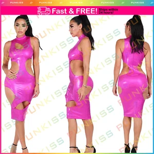 Women's Fashion Sleeves Round Neckline Pink ?? Cutout Sexy Maxi Hologram Dress - Picture 1 of 5