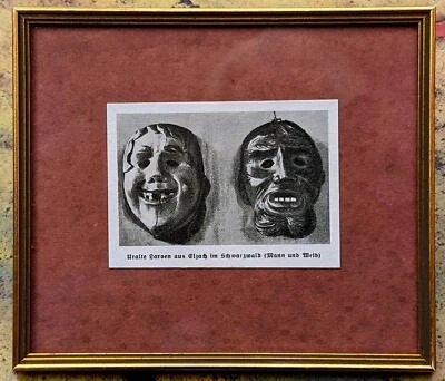 Elzach - Fasnet - Zwei uralte Larven - Bild im Rahmen - um 1940 - Viererbund - Bild 1 von 2