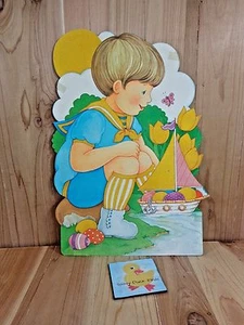 Vintage EASTER Paper Decoration BOY BOAT OF EGGS Yellow Flocked 18" x 13"  - Picture 1 of 3