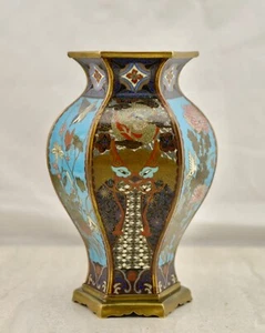 Meiji Japanese cloisonne enamel floral/bird & mask-head patterned hexagonal vase - Picture 1 of 19