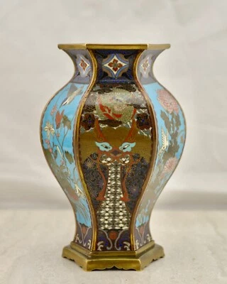Jarrón hexagonal estampado cabeza pájaro floral esmalte cloisonne japonés Meiji Foto 1 de 4