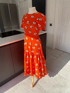 River island Size 10 Orange Midi Maxi Dress Tiered Short Sleeve Floral - Picture 1 of 12