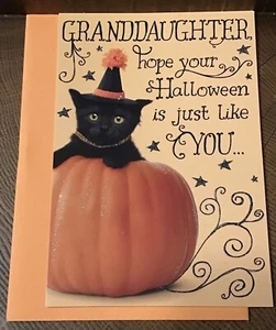 Hallmark Happy Halloween Enkelin Karte Jack O Laterne schwarze Katze 8x5,5 - Bild 1 von 4