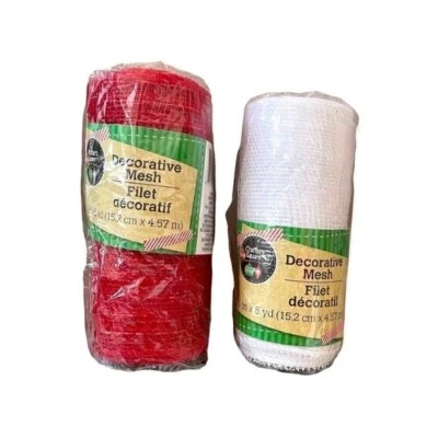 New 2x CRAFTERS SQUARE Red White Glitter Decorative Mesh Craft Wreath Ribbon - Image 1 of 3