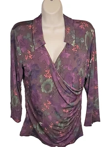ATTENTION Purple/Multicolor Mock Wrap Cross Over V Long Sleeve Top Size M - NEW - Picture 1 of 10