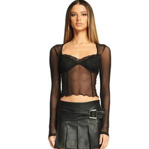 Crop Tops 90s Aesthetics Patchwork Square Neck Long Sleeve Y2K Lace Trim Mesh - Picture 1 of 12