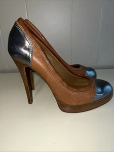 Tory Burch Women's SZ 8M Brown Leather 5” Heels Metallic Silver Toe & Heel - Picture 1 of 15
