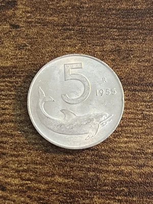 1955 Italy 5 Five Lire Dolphin Rudder Aluminium Actual Coin TK9984* - Image 1 of 3