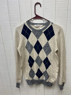 H&M Boys Size 14 Argyle Sweater Cream/Navy Blue/Grey NWT Youth Kids Knitwear - Image 1 of 4
